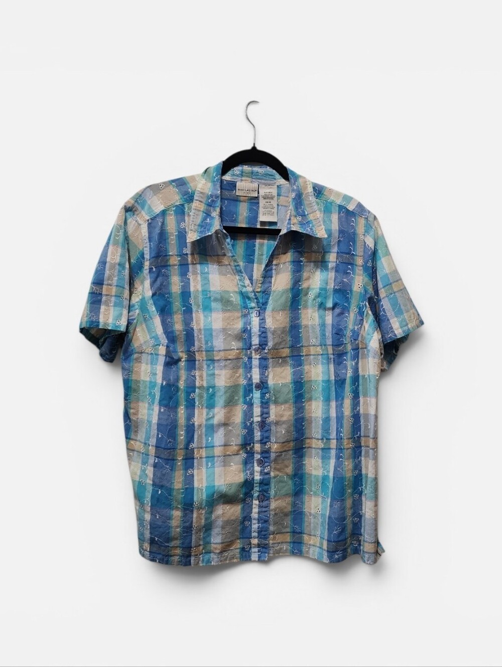 White Stag Short-Sleeve Plaid Button-Down Shirt - Blue/Tan/White